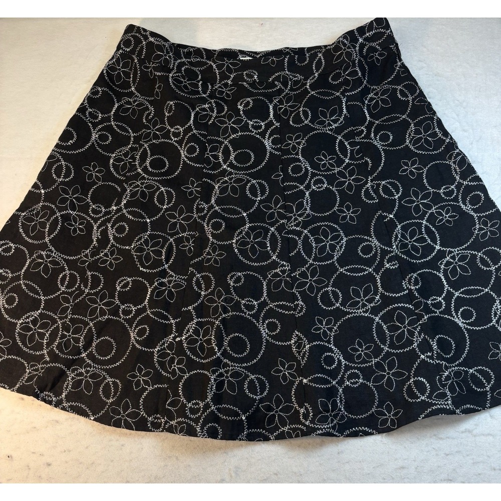 Christopher Banks A-Line Embroidered Skirt Women 14 Black/Wht Floral Linen Blend
